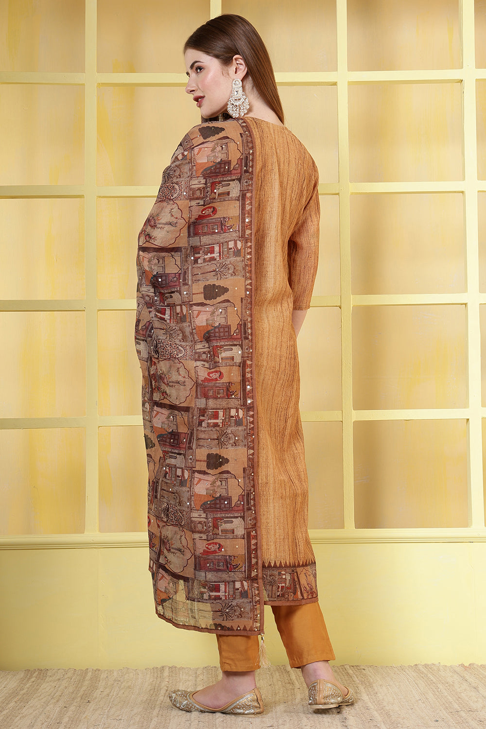 Brown Chanderi Neck-Embroidered Straight Suit