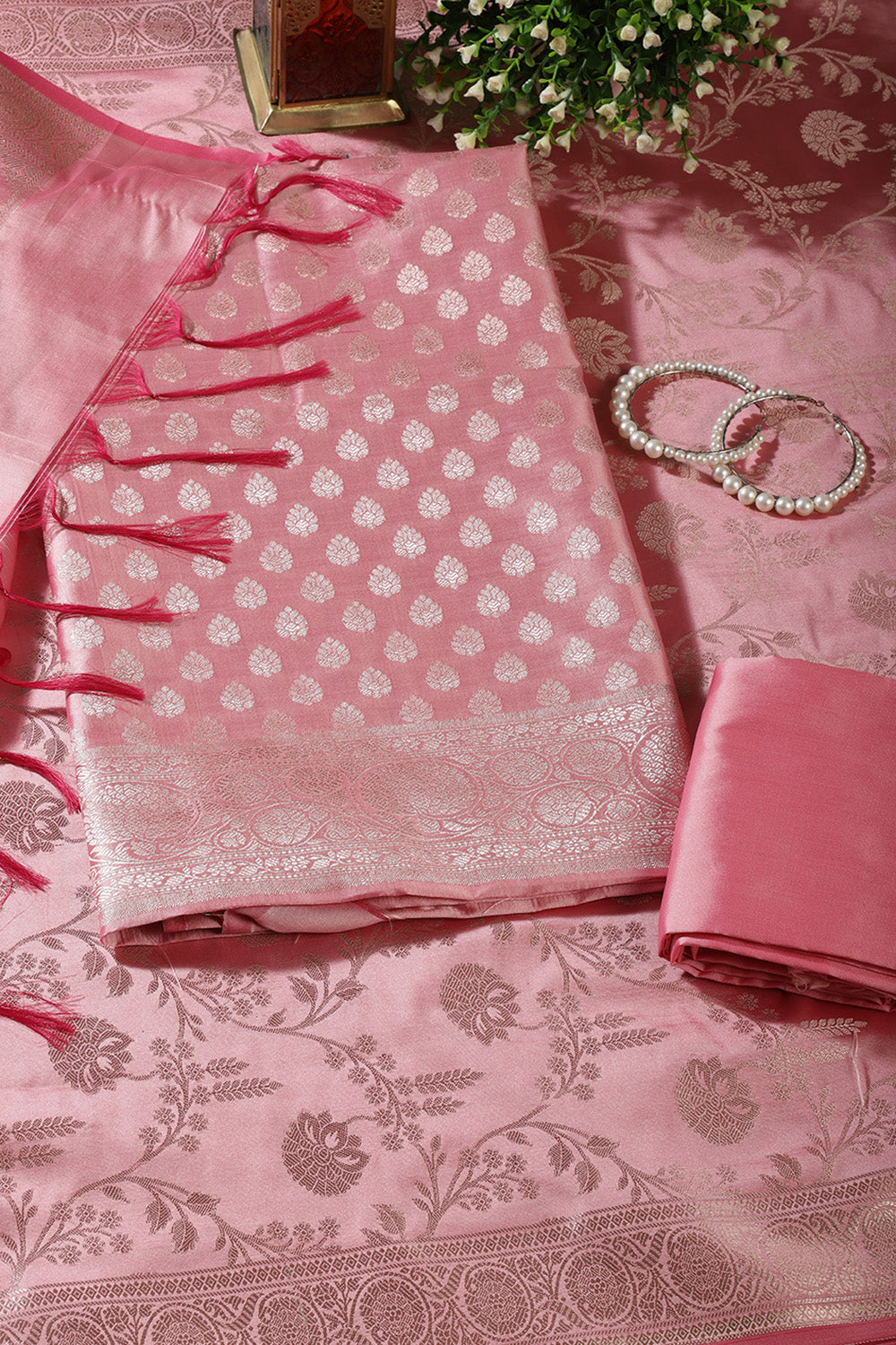 Pink Silk Buta Motifs Woven Unstitched Suit Fabric