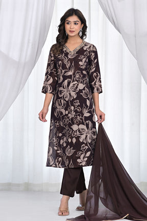 Brown Color Muslin Printed & Neck Embroidered Suit