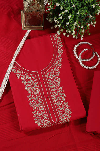 Cardinal Red Cotton Resham Embroidered Unstitched Suit