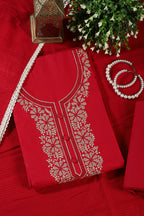 Cardinal Red Cotton Resham Embroidered Unstitched Suit