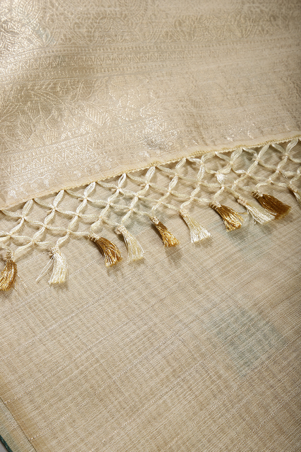 Beige & Turquoise Color Chanderi Cotton Zari Woven Saree
