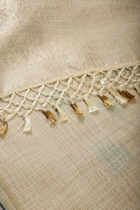Beige & Turquoise Color Chanderi Cotton Zari Woven Saree