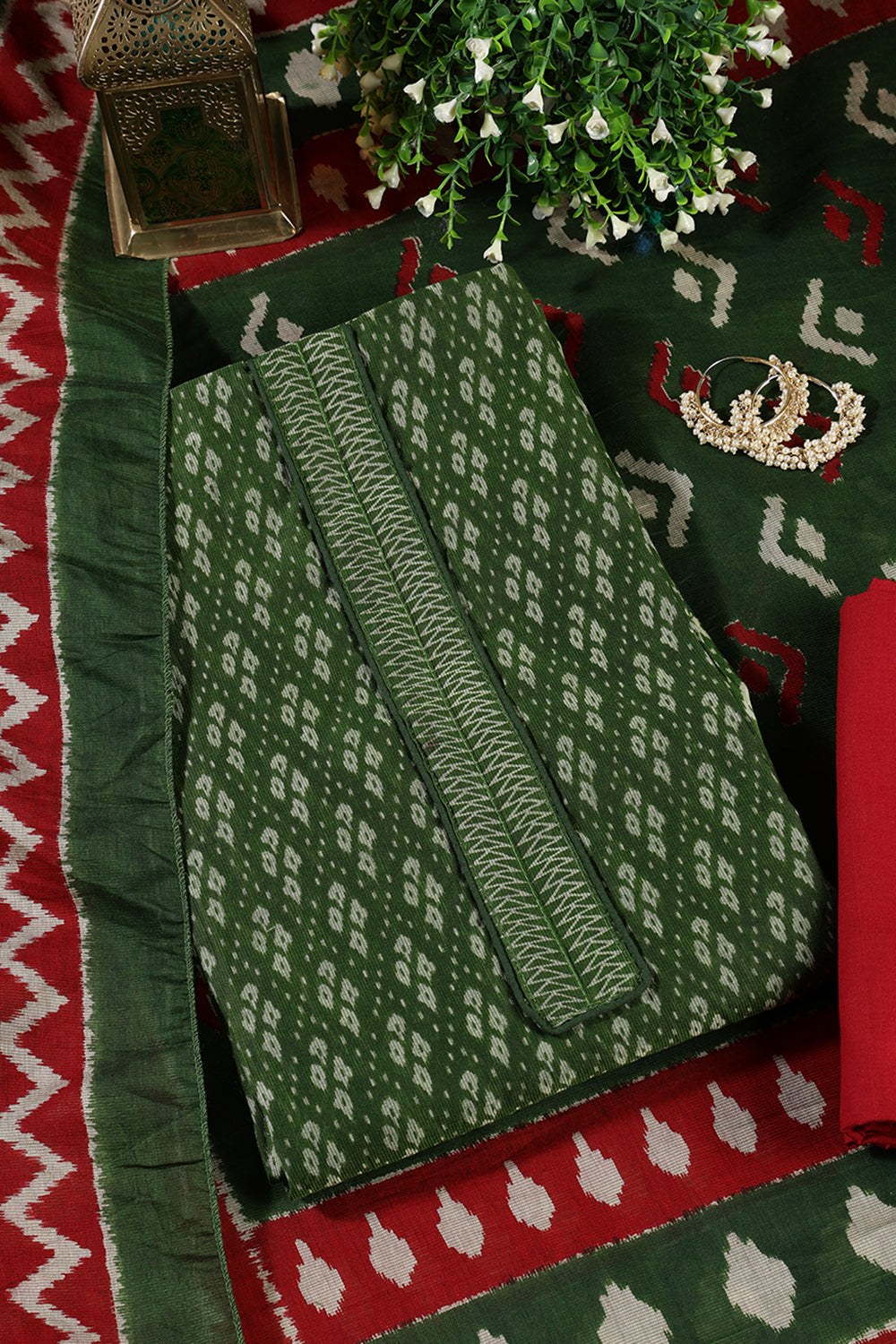 Green Ikkat Cotton Printed Unstitched Suit Material