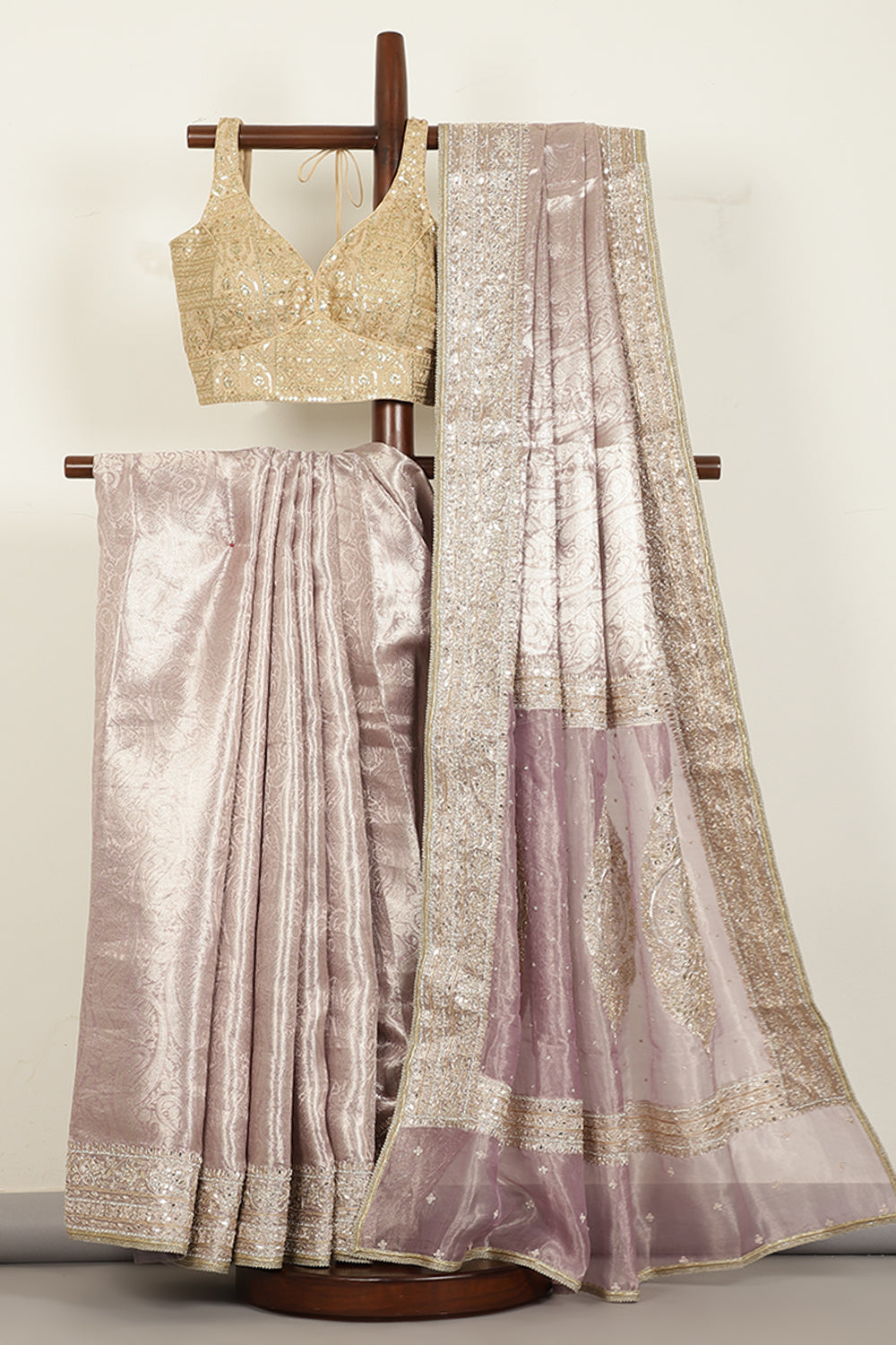 Mauve Color Pure Tissue Handloom Zari Saree with Kundan & Zardozi Handwork