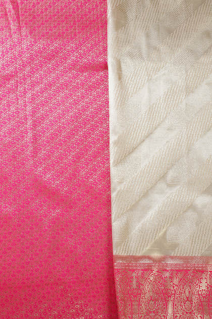 Beige & Red Brocade Silk Zari Woven Saree