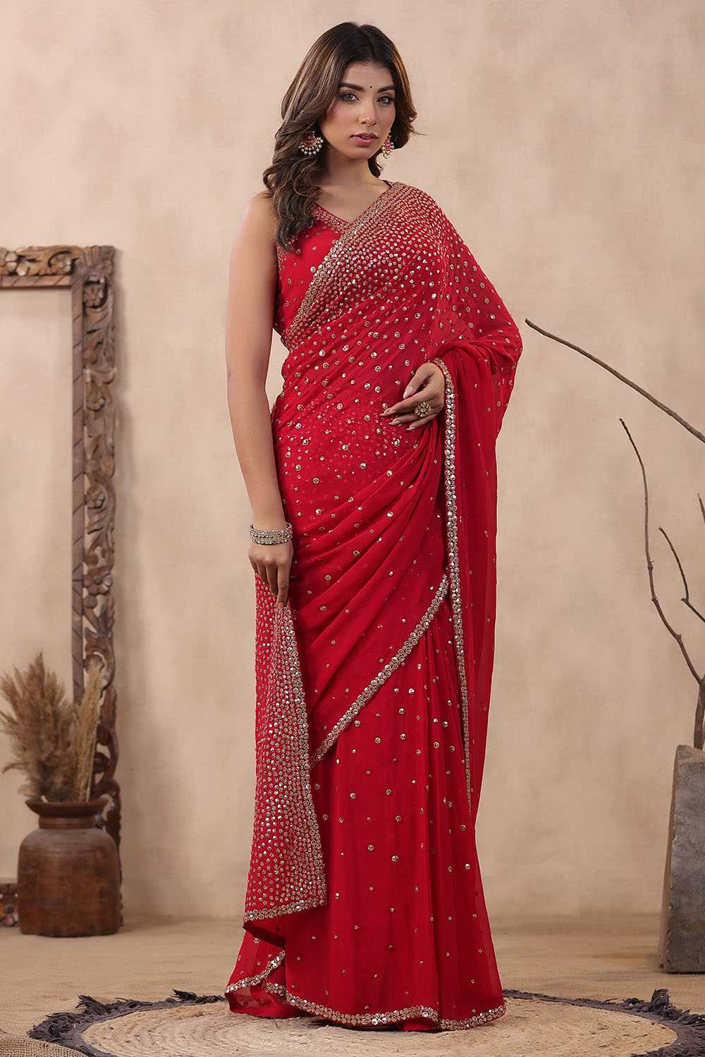 Fuchsia Pink Color Embroidered Georgette Saree With Readymade Blouse