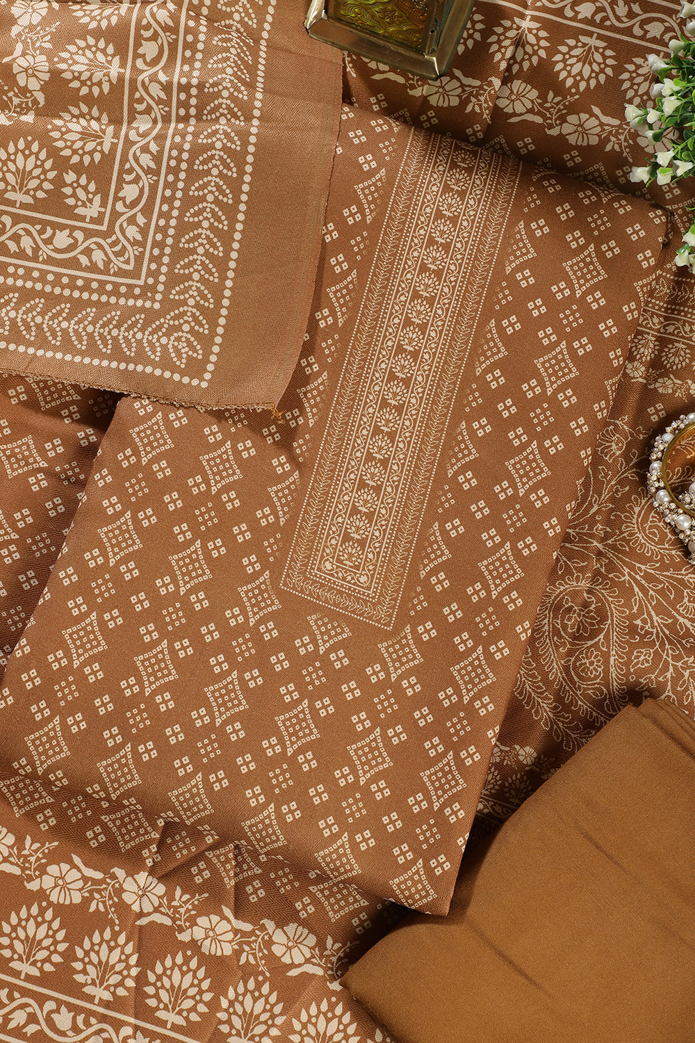 Mustard Printed Pashmina Unstitched Suit Fabric