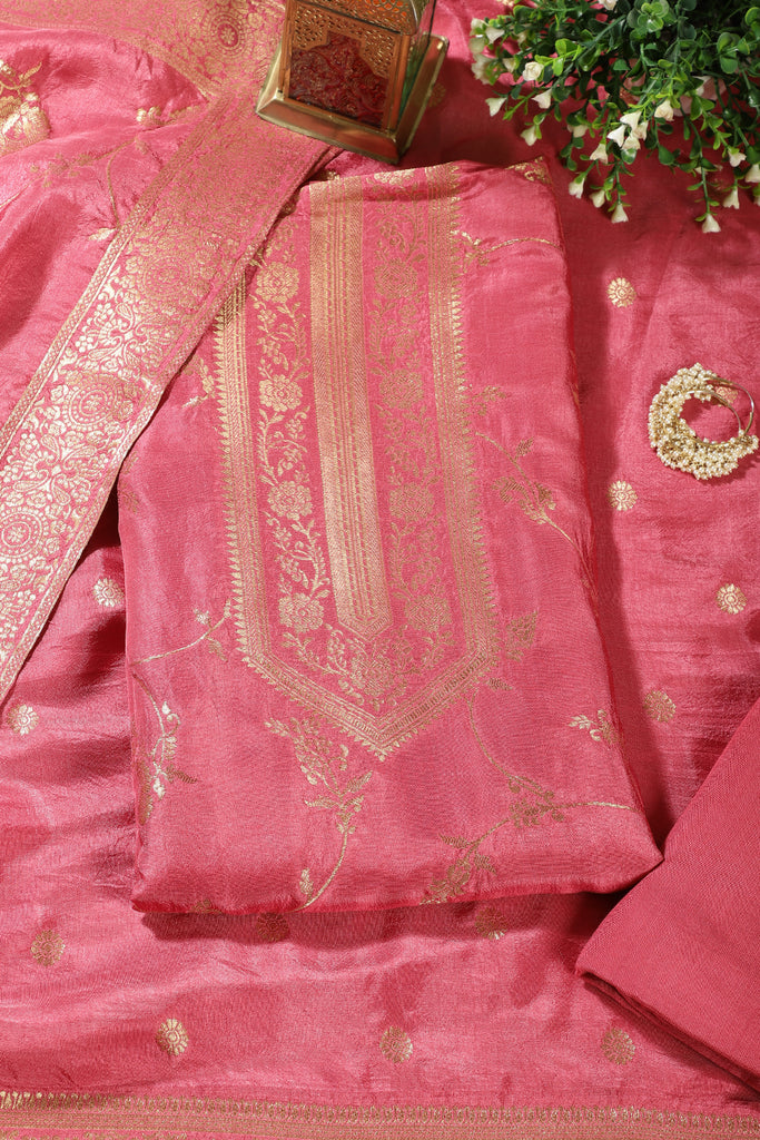Hot Pink Banarsi Floral Woven Silk Unstitched Suit