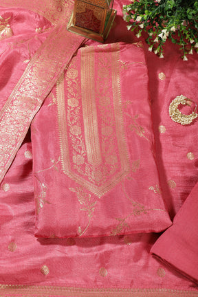 Hot Pink Banarsi Floral Woven Silk Unstitched Suit