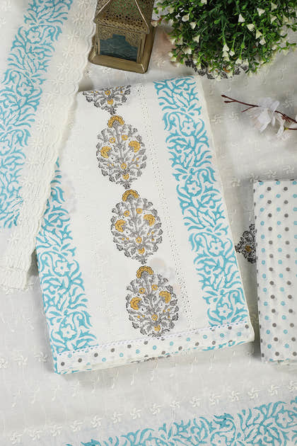 Cream & Blue Printed And Resham Embroidered Unstitched Suit Fabric