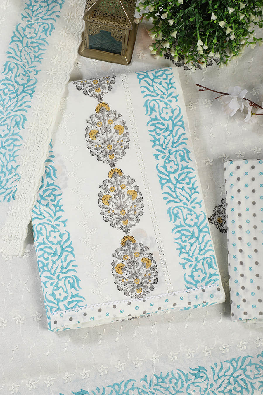 Cream & Blue Printed And Resham Embroidered Unstitched Suit Fabric