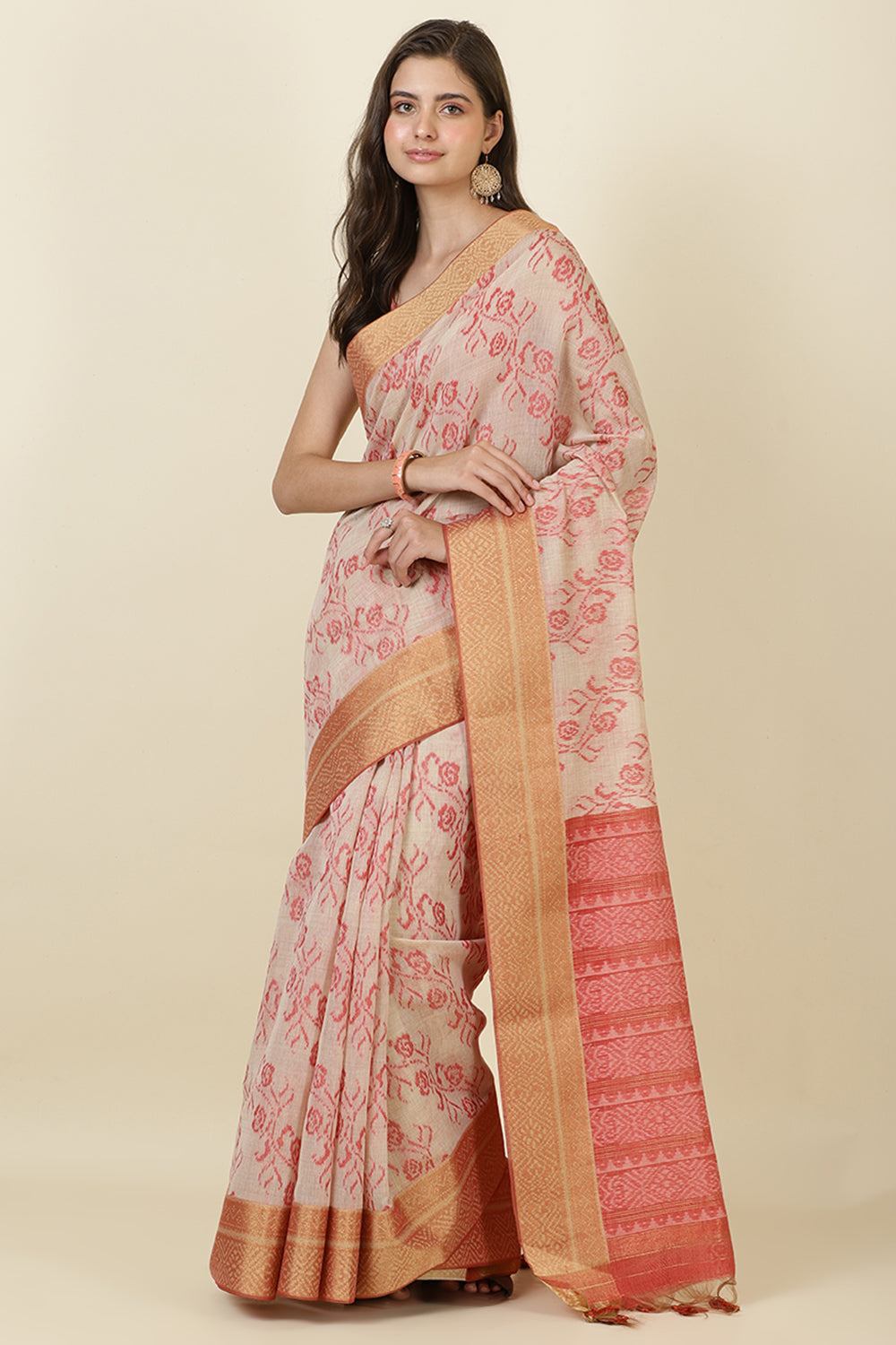 Beige Cotton Woven Saree