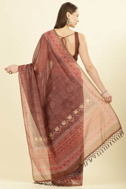 Brown Organza Cotton Bandhani Block Printed Saree