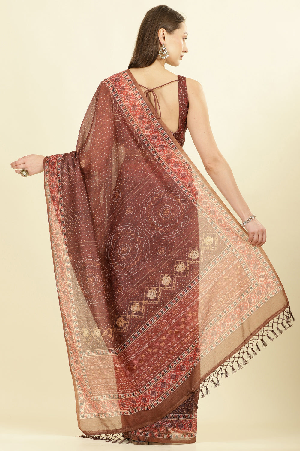 Brown Organza Cotton Bandhani Block Printed Saree