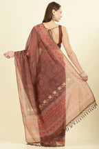 Brown Organza Cotton Bandhani Block Printed Saree