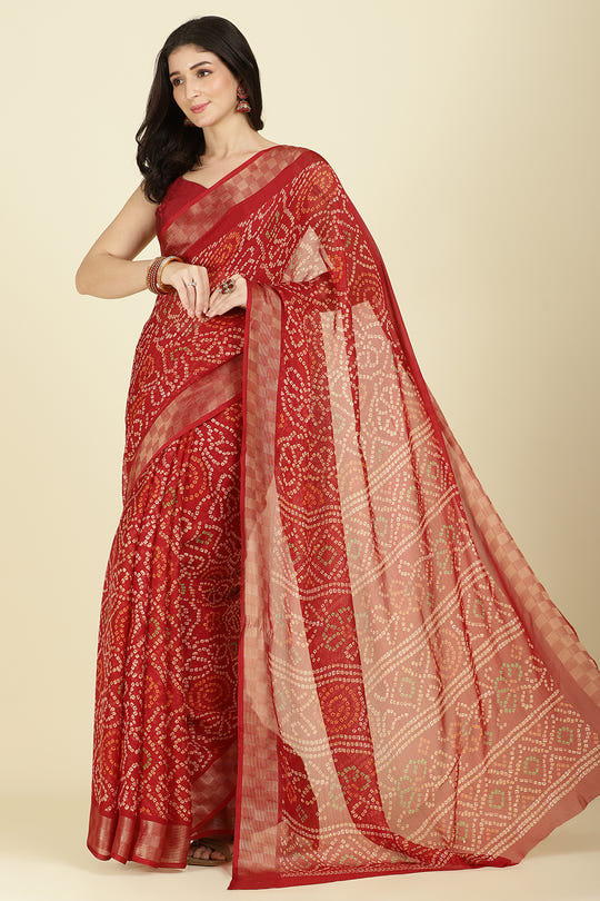 Maroon Color Chiffon Bandhani Printed Saree