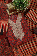 Maroon Cotton Printed & Neck Embroidered Unstitched Suit Material