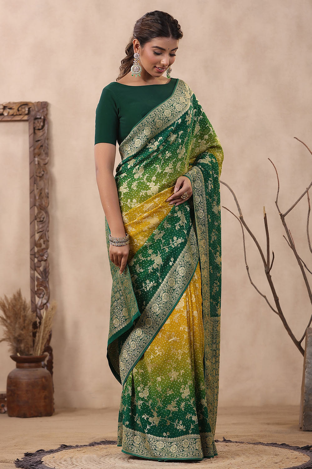 Green Color Georgette Woven & Bandhani Printed Saree