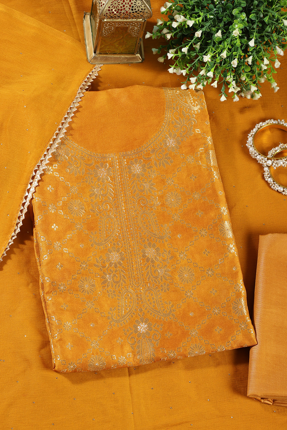 Mustard Silk Banarsi Zari Woven Unstitched Suit Fabric