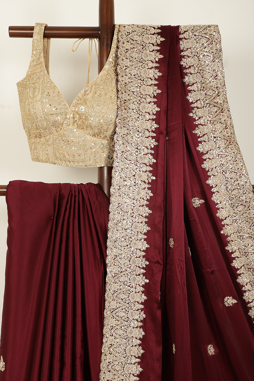 Burgundy Color Pure Satin Crepe Saree with Zardozi Handwork