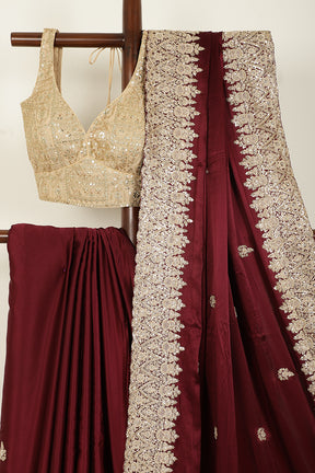 Burgundy Color Pure Satin Crepe Saree with Zardozi Handwork