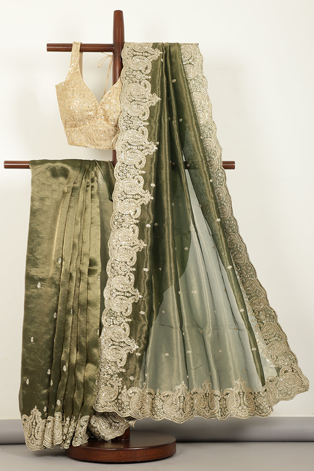 Mehandi Color Pure Tissue Handloom Saree with Sequence & Zardozi Handwork
