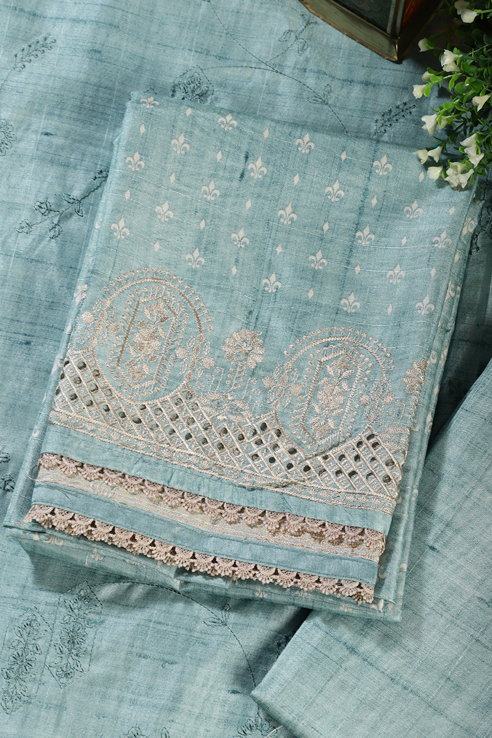 Sea Green Tussar Cotton Printed And Reham Embroidered Unstiched Suit Material