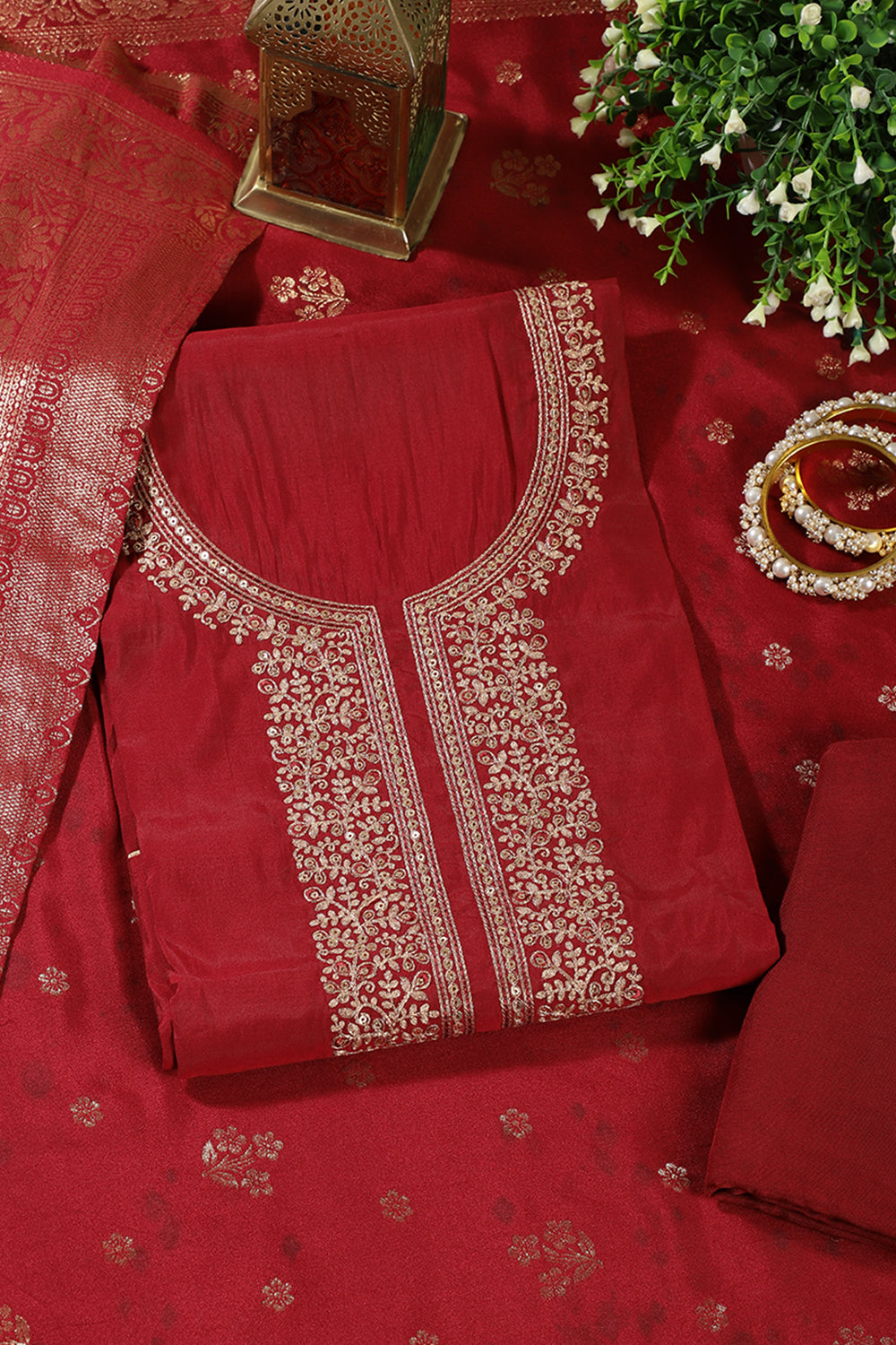 Maroon Silk Neck Zari Embroidered Unstitched Suit Material