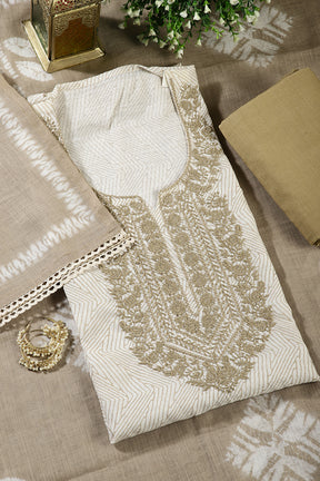 Cream Colour Cotton Printed & Resham Neck Embroidered Unstitched Suit