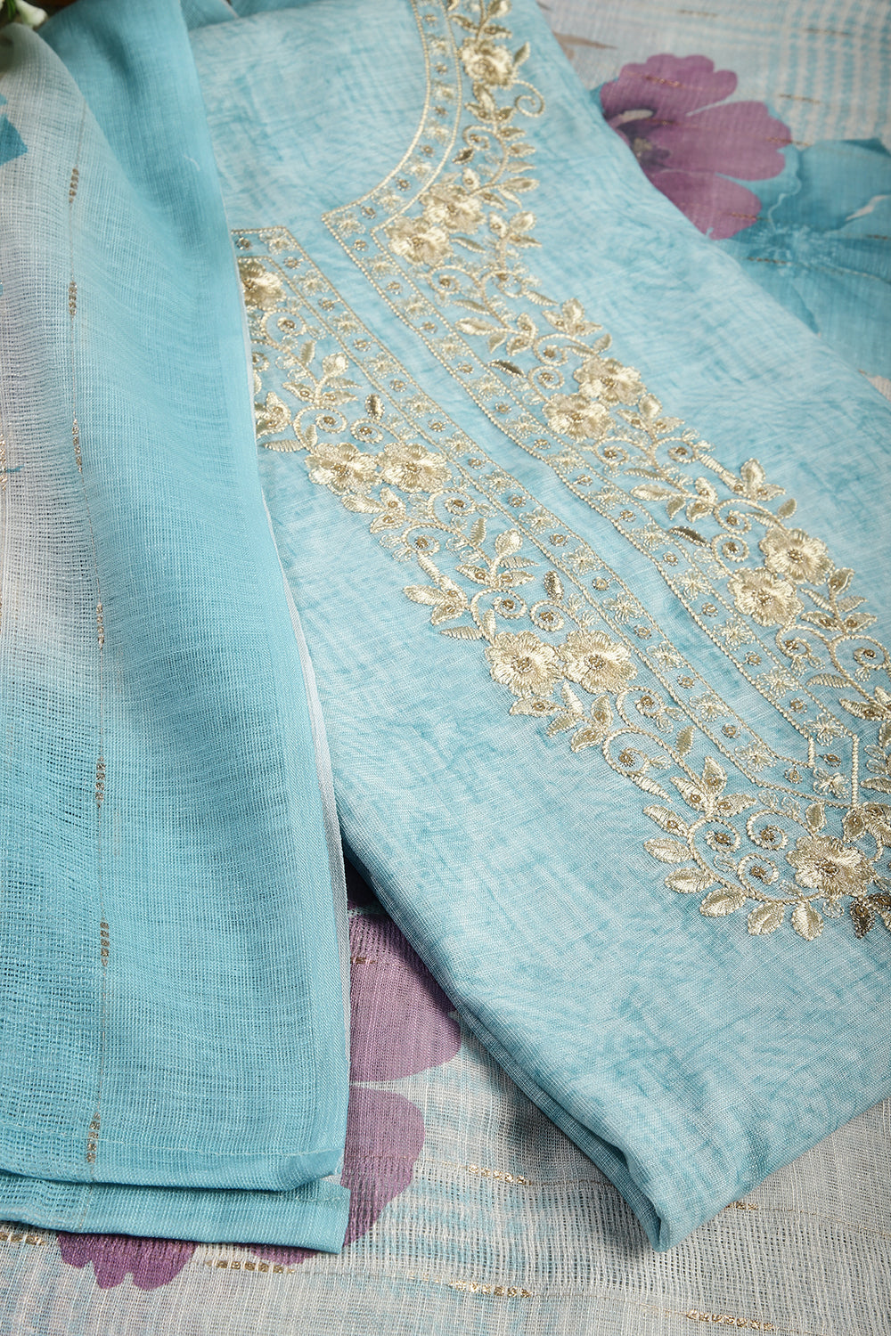 Firozi Color Linen Cotton Embroidery Unstitched Suit Material