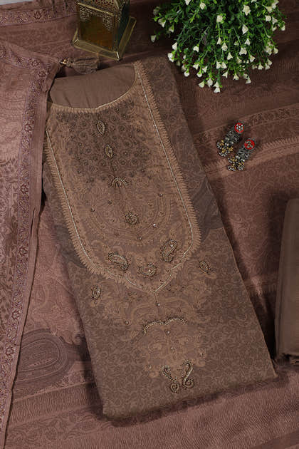 Brown Floral Jaal Printed Spun Unstitched Suit Material