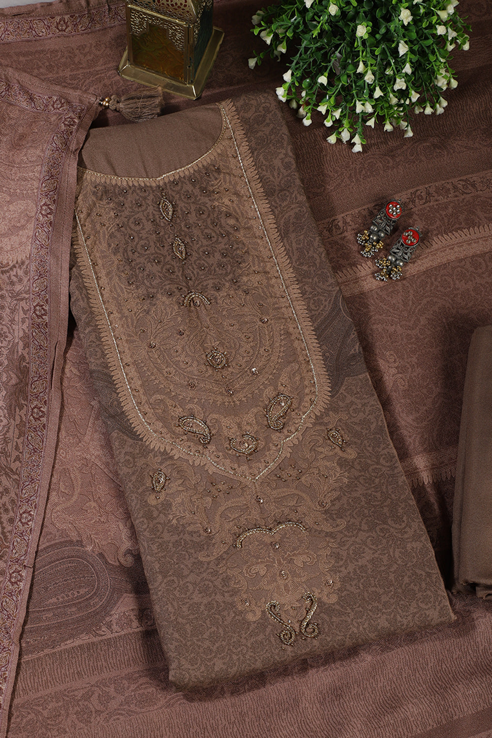Brown Floral Jaal Printed Spun Unstitched Suit Material