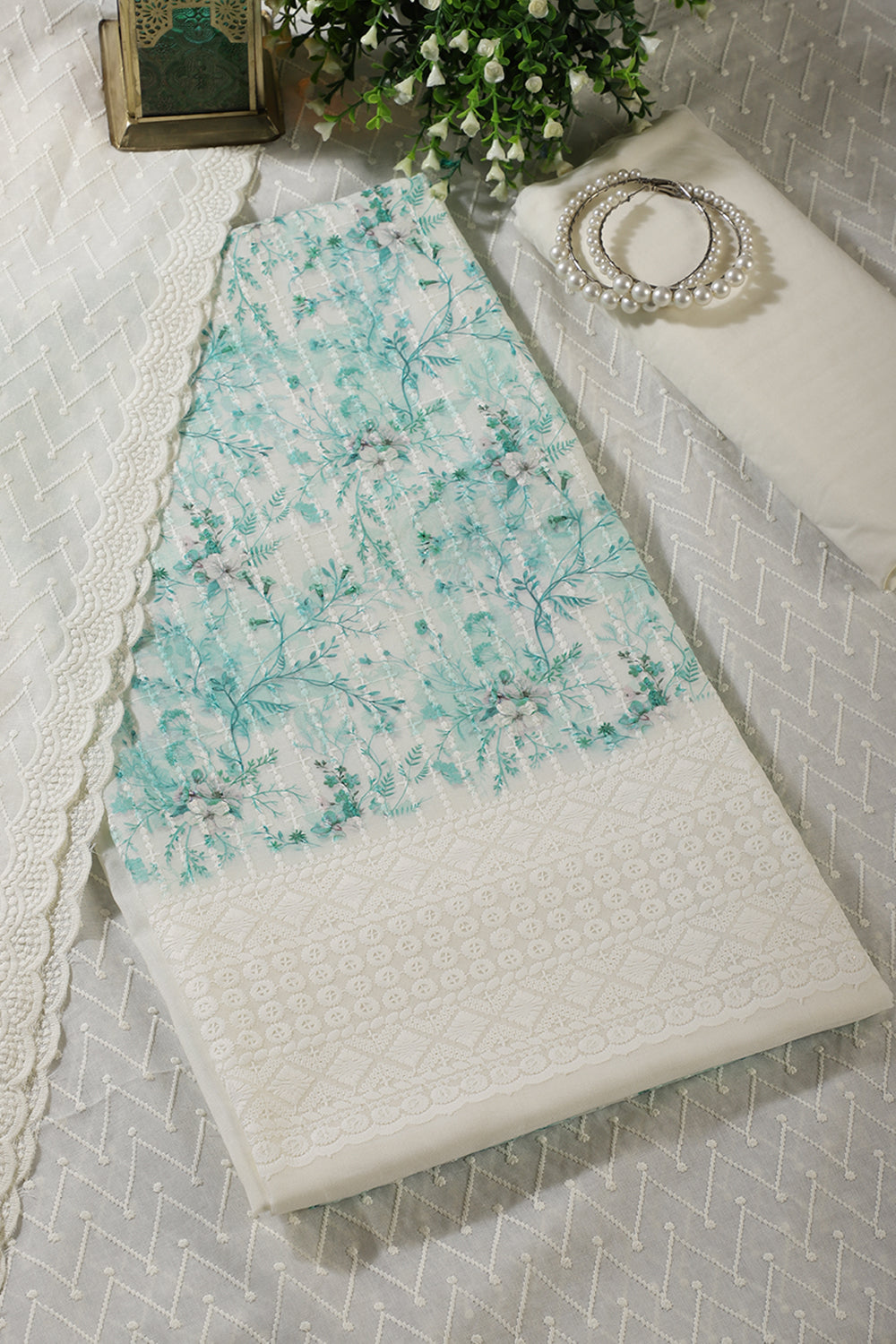 Cream & Teal Cotton Chikankari Work Floral Printed Unstitched Suit