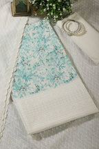 Cream & Teal Cotton Chikankari Work Floral Printed Unstitched Suit