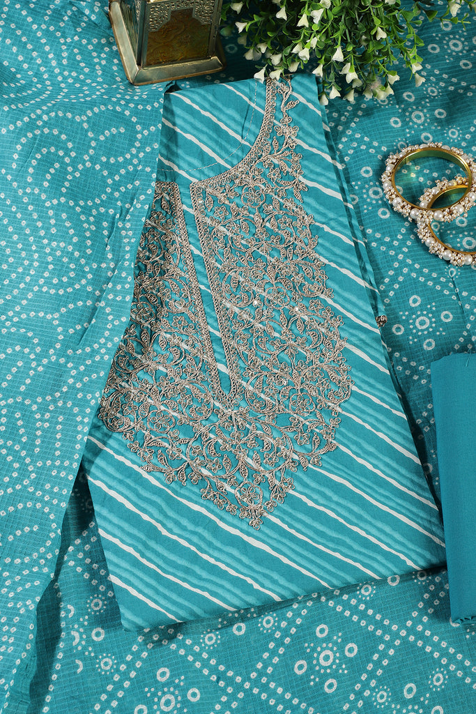 Turquoise Cotton Leheriya Printed and Neck Zari Embroidered Unstitched Suit Material