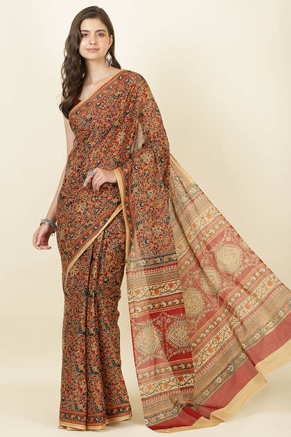 Maroon Floral Printed Cotton Saree