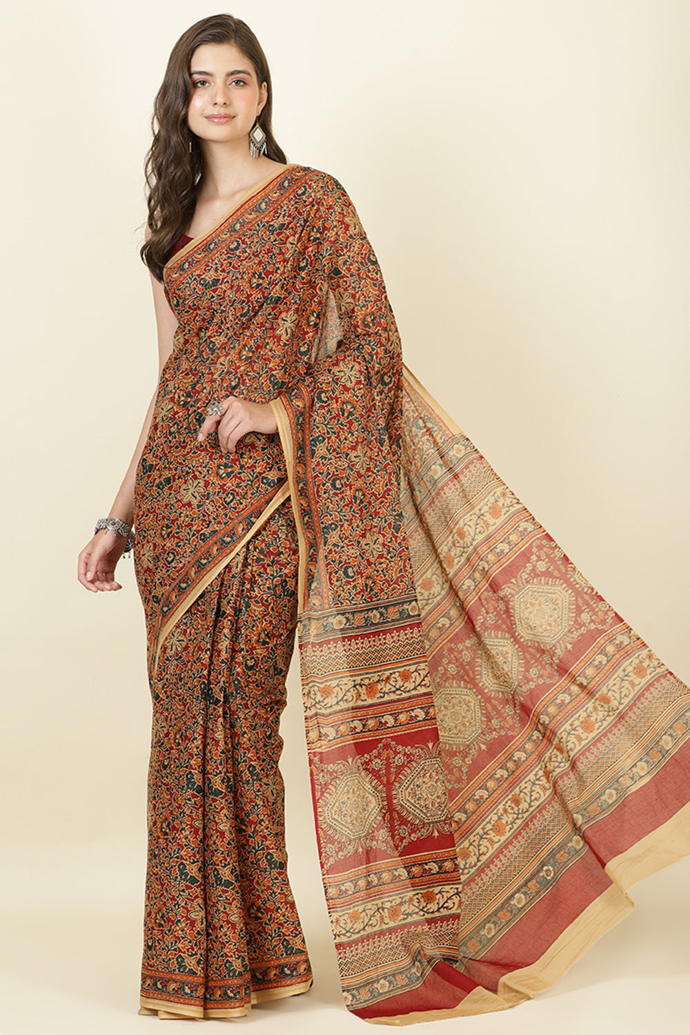 Maroon Kalamkari Printed Cotton Saree