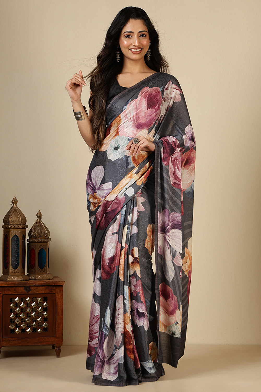 Grey Printed Jacquard Silk Saree