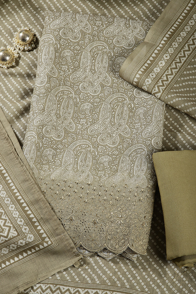 Mehandi Color Chanderi Cotton Floral Printed Unstitched Suit Material