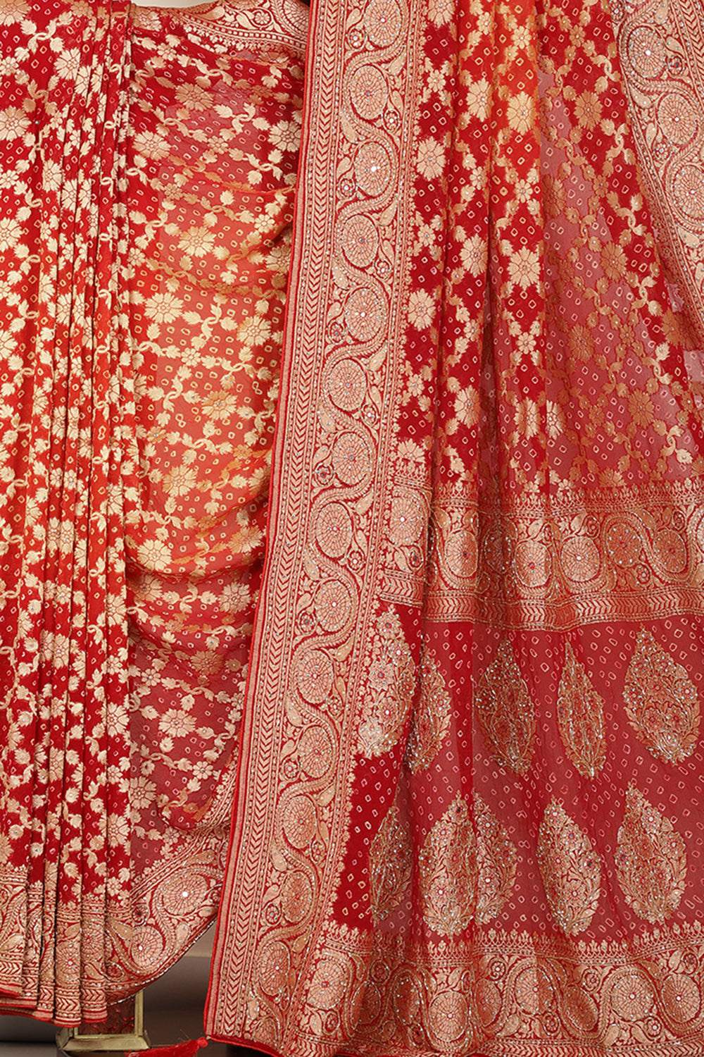 Red Pure Khaddi Georgette Banarasi Saree with Zardozi & Cutdana Handwork