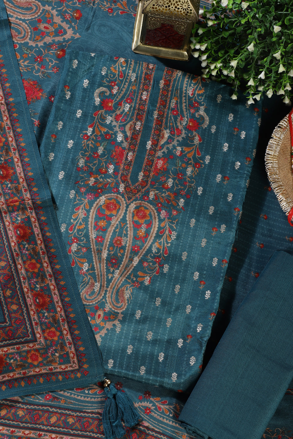 Blue Zari Woven And Printed Silk Unstitched Suit Material