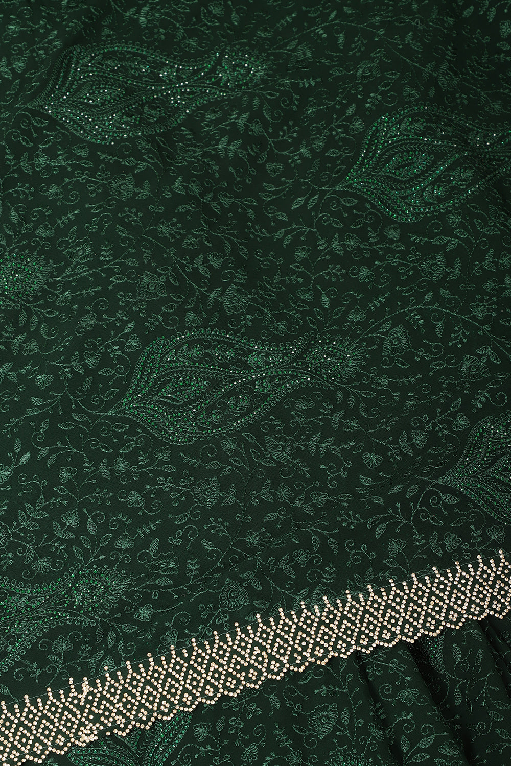 Bottle Green Georgette Resham Floral Jal Woven And Swarovski Work Saree