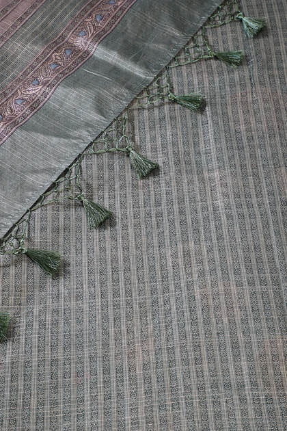 Sage Green Floral Printed Metallic Tissue Saree