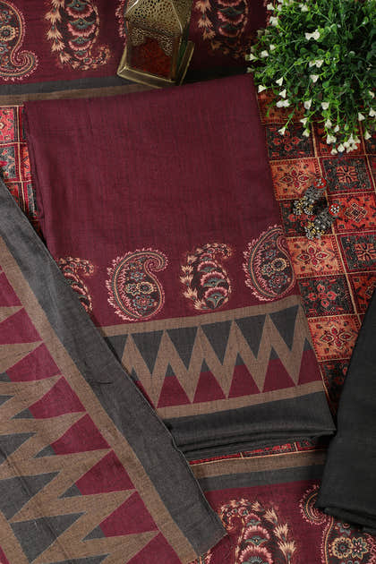 Wine Spun Printed Unstitched Suit