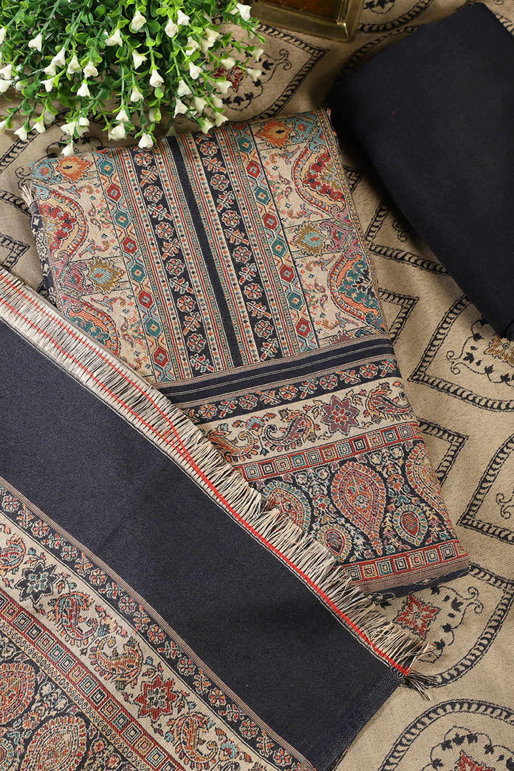 Navy Pashmina Digital Printed Unstitched Suit Fabric