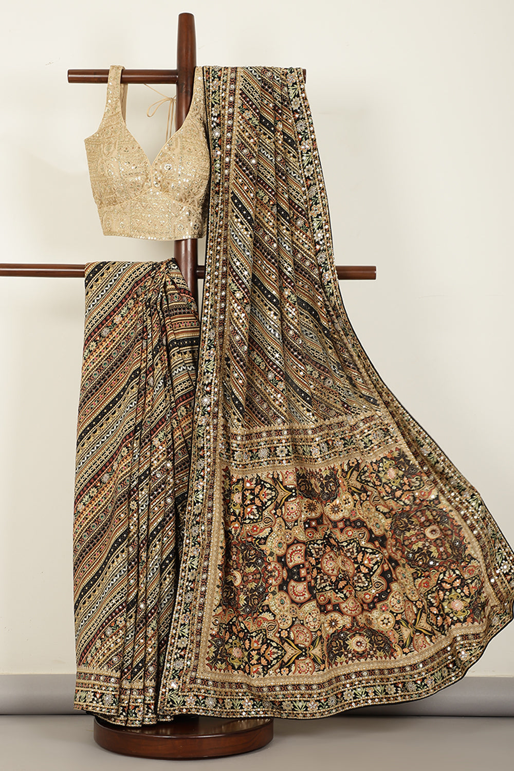 Black Color Pure Crepe Digital & Hand Print Saree with Mirror and Beads Handwork By Tarun Tahiliani Designer Collection