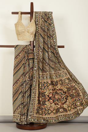 Black Color Pure Crepe Digital & Hand Print Saree with Mirror and Beads Handwork By Tarun Tahiliani Designer Collection