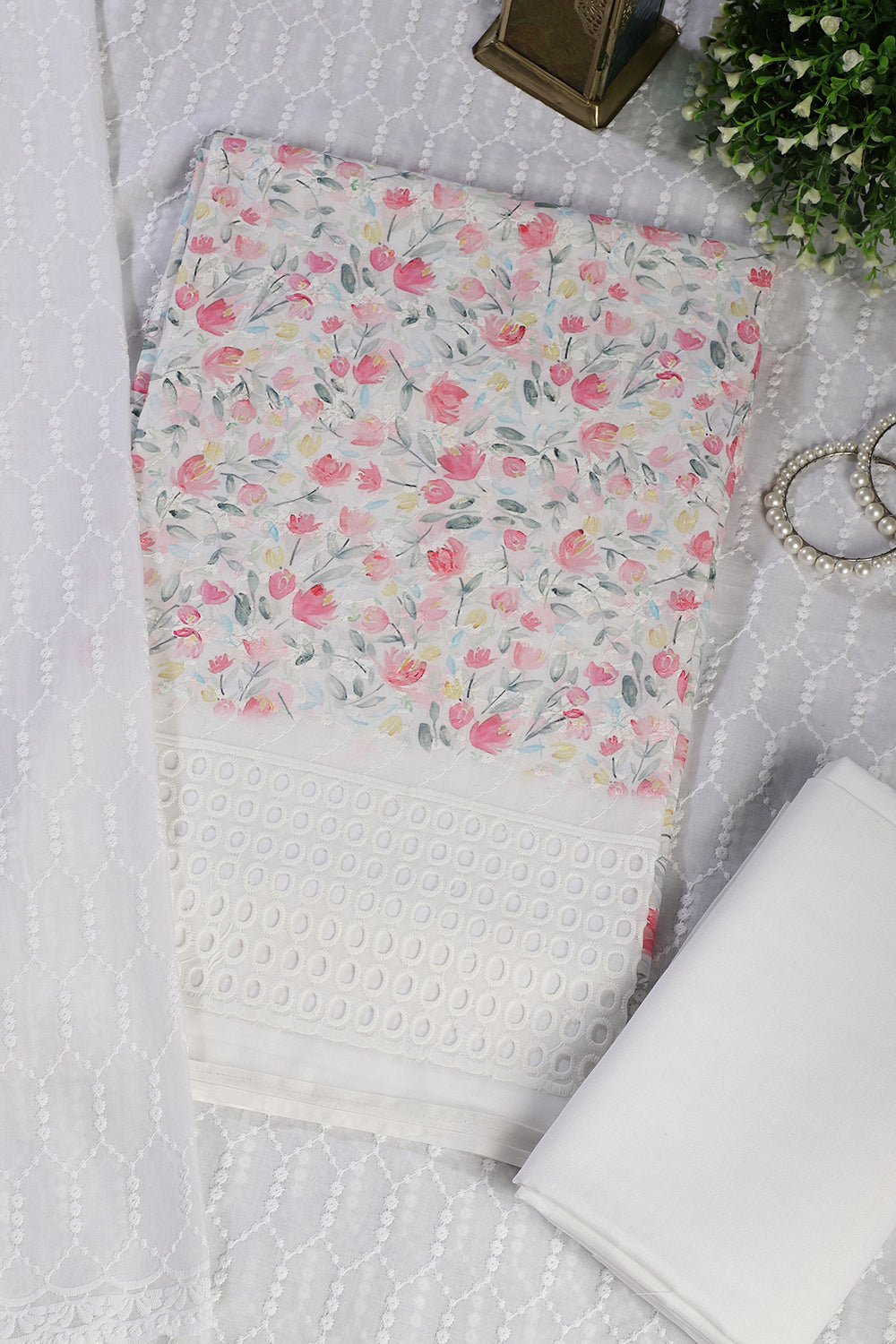 White & Pink Cotton Floral Printed and Resham Embroidered Unstitched Suit Material