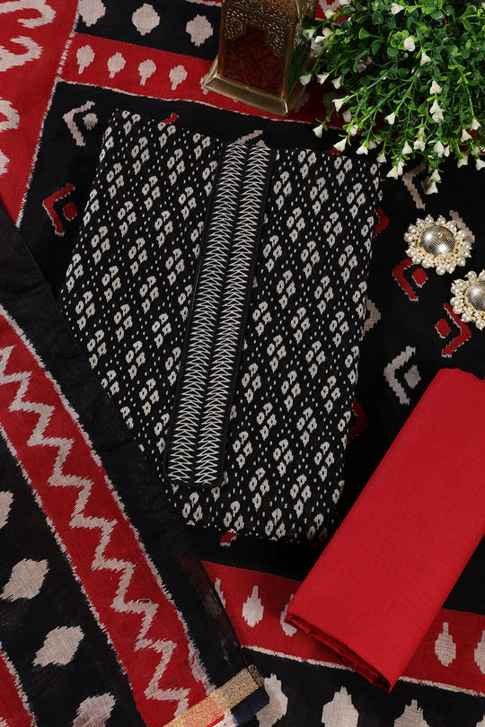 Black Ikkat Cotton Printed Unstitched Suit Material